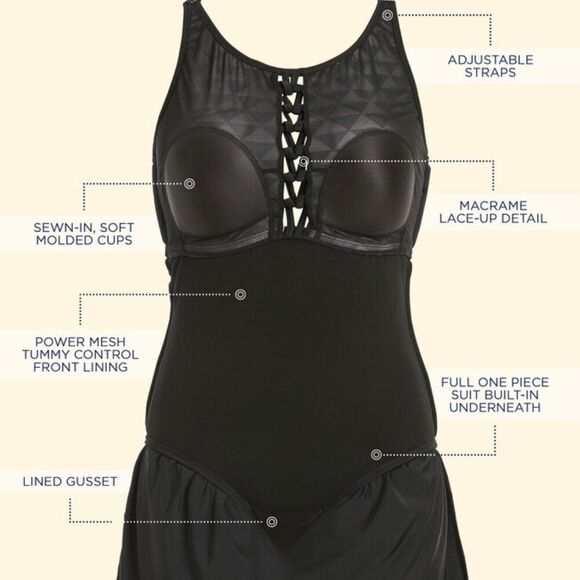 SWIMSUITS FOR ALL Macrame High Neck Swimdress Size 22 Black White Geometric NWT - Picture 4 of 14